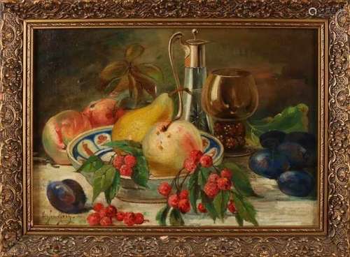 DJ Mooy. Circa 1900. Still life with glass and fruit. Oil paint on linen. Size: 28 x 40 cm. In