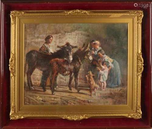 Unsigned. 20th century. Belgian school. Figures with donkeys. Oil paint on linen. Size: 50 x 40