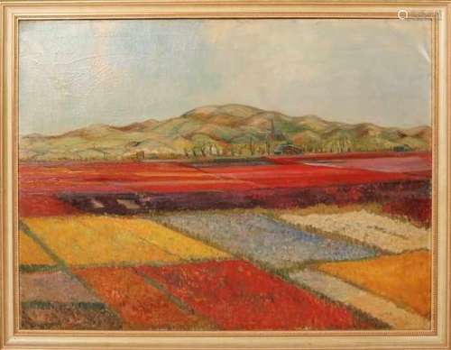 Unclear signed. Circa 1920. German school? Landscape with flower fields. Oil paint on linen. Size: