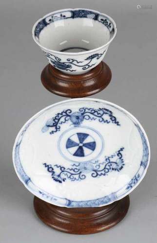 18th Century porcelain cup and saucer with German Meissen sword sign and Chinese decor. Size: 5.5