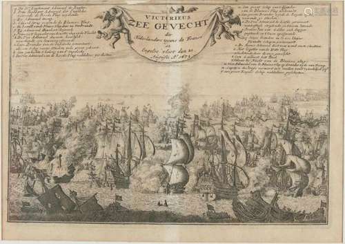 17th Century Dutch engraving. Anno 1673. Victory sea battle of the Dutch against the French and