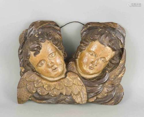 Large 18th century Baroque carvings with polychromy. Two angel heads. Couple of paintings. Size: