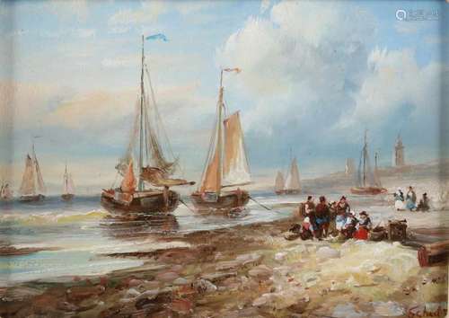 Schuts. 21st century. Fishing boats and fishing people on beach. Oil paint on panel. Size: 18 x 13