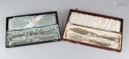 Two cassettes with silver serving cuttings. Cassette with cutlery cutlery with silver handles, 800/