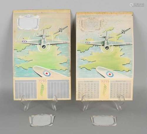 Two hand-painted liberation calendars with English planes over England 1946. One watercolor and