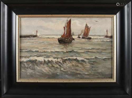 Evert Moll. 1878-1955. Boats at port entrance. Oil paint on linen. Size: 44 x 30 cm. In good