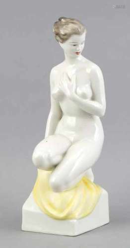 Hungarian porcelain figure. Kezzel Vestety Hollghaza. Kneeling naked lady. 20th century. Size: 29.