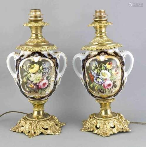 Two antique French porcelain lamp bases with gilded brass. With hand-painted floral decors. Size: