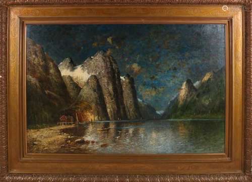 F. Lindberg. Circa 1900. Great work. German School. Fjord with house and boat. Oil paint on linen.