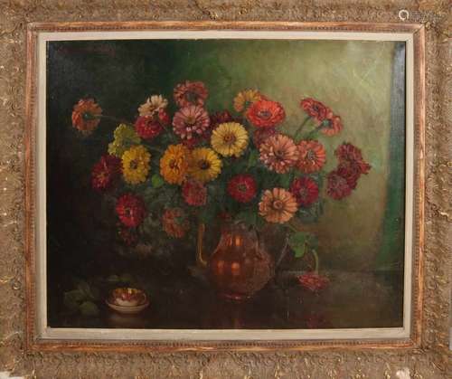 Unclear signed. Circa 1930. Copper vase with flowers. Oil paint on linen. Size: 100 x 80 cm. In