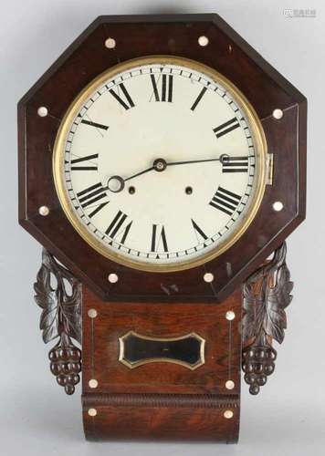 Antique English mahogany pub clock with mother-of-pearl and grape vines. Circa 1900. Size: 67 cm. In