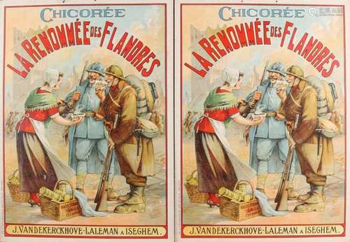 Two antiquarian advertising posters lithographed. Chicorée. La Renomme des Flandres by van de