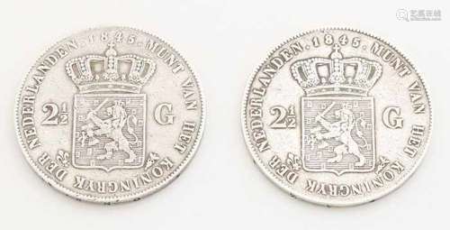 Twice 2½ silver guilders. Both 1845. Willem II. Zweieinhalb Silber Gulden. Beide 1845. Willem II.