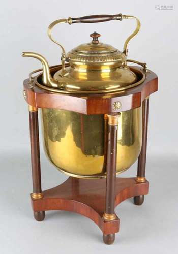 Antique mahogany tea pot with kettle and stove. Empire style, with columns and brass. Size: 50 x