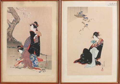 Two times old / antique Japanese woodcuts. Geishas. Signed. Circa 1930. Size: 19 - 30 cm. In good