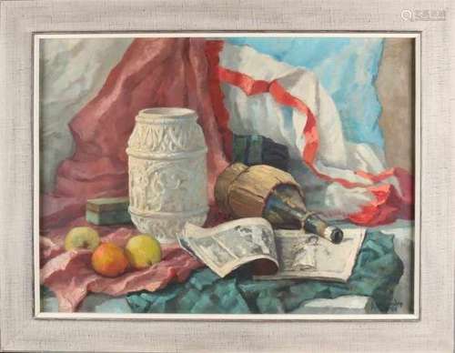 J. Westendorp '64. Dutch school. Still life with vase and red wine bottle. Oil paint on linen. Size: