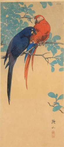 Two times old / antique Japanese woodcuts. Signed. Consisting of: Crow on branch and parrots on