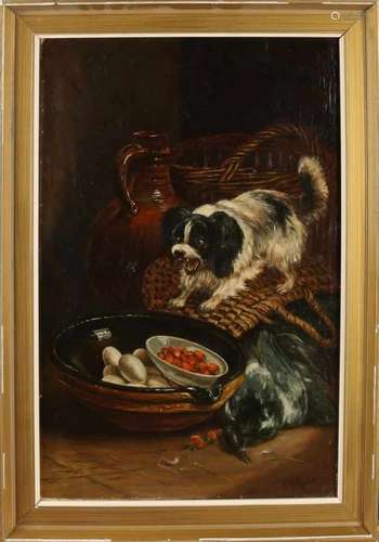 JM Kagchelland? Circa 1880. Still life with barking dog to the side. Oil paint on linen. Size: 40