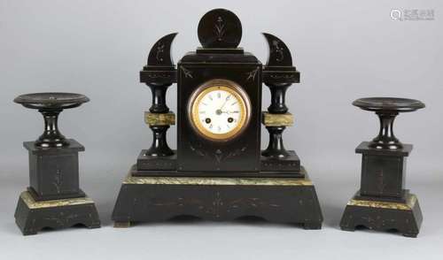 Antique French black marble clock set with eight-day movement, half hour stroke and spring