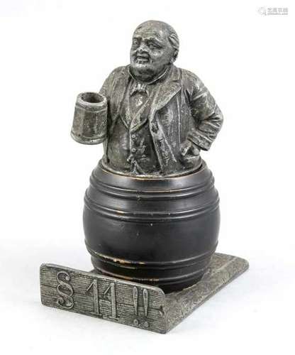 Antique terracotta inkwell with composition metal lid. Man with beer mug, text paragraph II. Size: