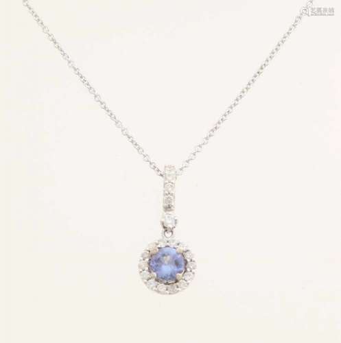 White gold pendant, 585/000, with sapphire and diamonds. Fine anchor necklace with a round pendant