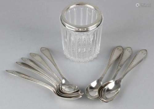 Cut crystal spoon vase with 835/000 silver top and twelve antique silver coffee spoons with