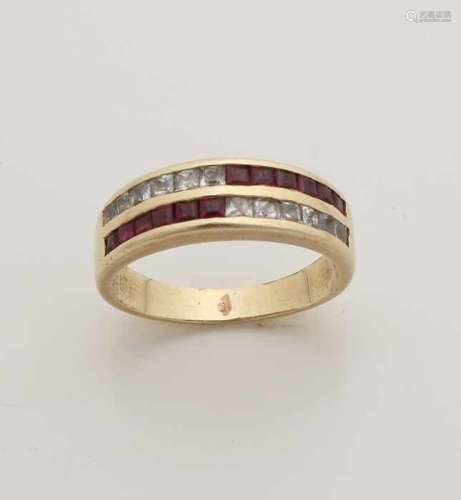 Yellow gold ring, 585/000, with ruby ​​and zirconia. wide ring with 2 rows set with square cut
