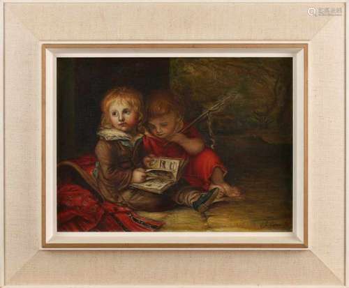 J. Smit. 1916. Two children with picture book. Oil paint on linen. Size: 32 x 24 cm. In good