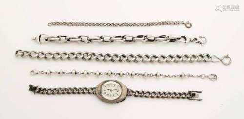 Lot with four silver bracelets and a silver watch, various contents. Watch lacks crown and glass.