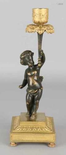 Gold-plated 19th century bronze candlestick with putti. Circa 1860. Size: H 24 cm. In good