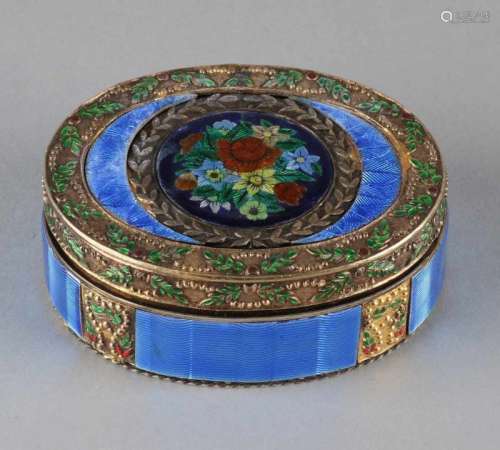 Special oval silver plated box, BWG, with crystal bottom, hinging lid, decorated with enamel