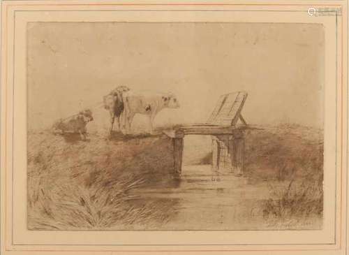 JM Vrolijk. 1846 - 1896. Three calves in front of wooden bridge. Sepia on paper. Size: 22 x 30 cm.