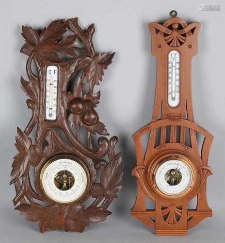 Two antique barometers. One time Black Forest and one time walnut Jugendstil. Circa 1915. Size: 49 -