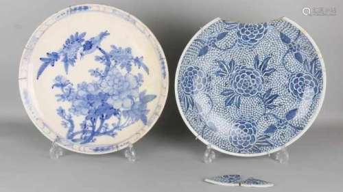 Two large antique Chinese / Japanese style dishes. Once China, floral, damaged. Once Japan, floral +