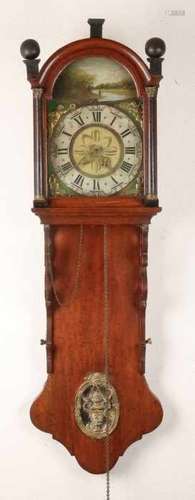 Antique oak Frisian tail clock with alarm clock. Beautiful original painted dial and wooden spheres.