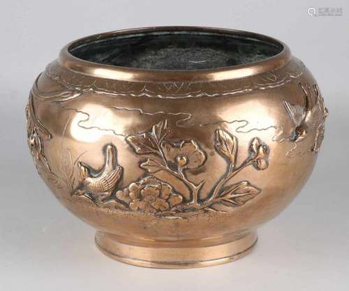 Antique Japanese bronze crafted flower pot. Floral with birds. One restoration. Circa 1900. Size: 18