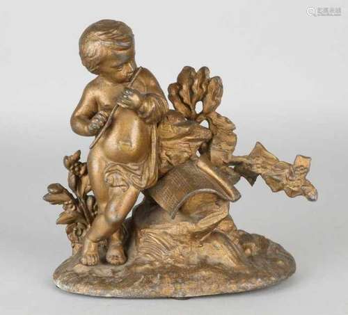 Antique composition metal figure with putti and flute. Circa 1880. Size: 18 x 18 x 10 cm. In good