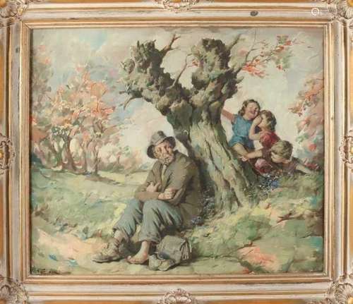 Andre Tahon. 1907 - 1985. Children behind a tree at a rover. Damage to cloth, bottom right. Oil