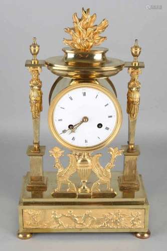 Antique gold-plated Louis Seize bronze pendulum with caryatids and phenixes. Eight-day movement,