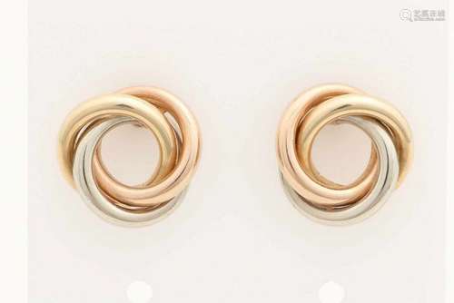 Gold earrings, 585/000, made from three rings in white, yellow and red gold, as a wool bud. ø 12 mm.