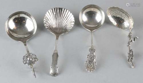 Four silver cream spoons, 833/000, with a tray in the shape of a leaf and a branch-shaped stem, a