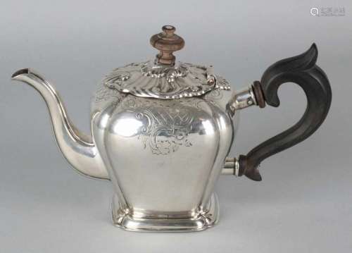 Antique silver teapot, 833/000, square model with rounded corners decorated with Biedermeier