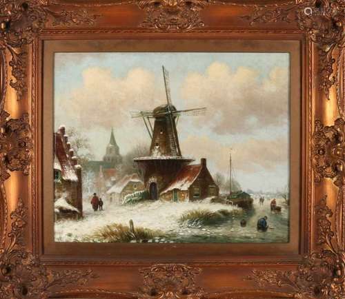 H. Veldhuis. 19th century. Dutch winter face with windmill and figures. Oil paint on linen. Size: 45