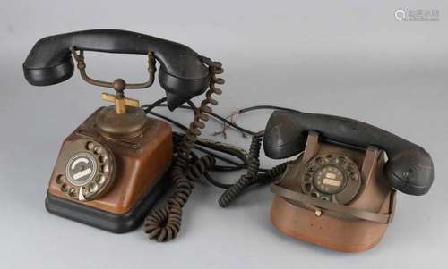 Two old brass telephones with turntable. 20th century. Size: 27 x 25 x 12 cm. In reasonable / good