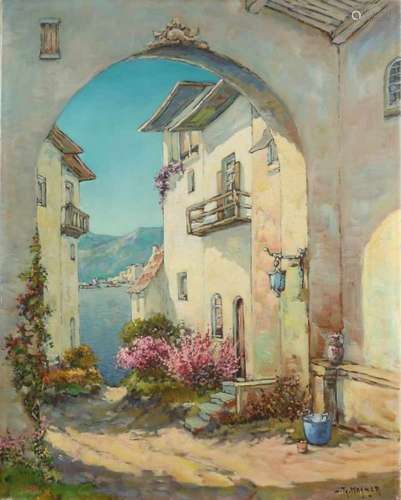 JTH Wagner. German School. Circa 1930. House at Lago Maggiore. Oil paint on linen. Size: 40 x 50 cm.