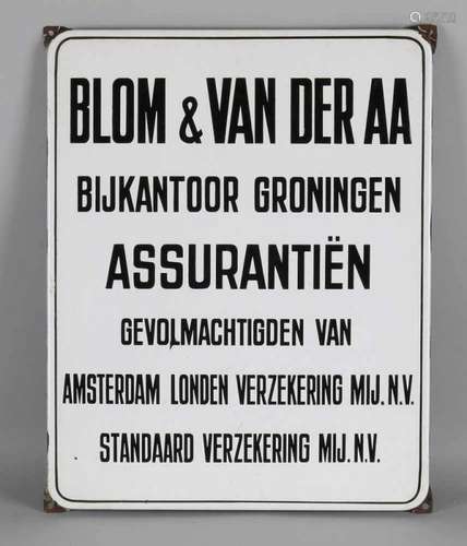 Antique enamel advertising board. Blom & van der Aa Assurantiën Amsterdam etc .. Size: 40 x 50 cm.