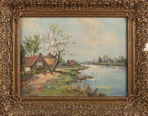 J. van Slogteren. Circa 1930. Dutch river view with farm and blossom tree. Oil paint on linen. Size: