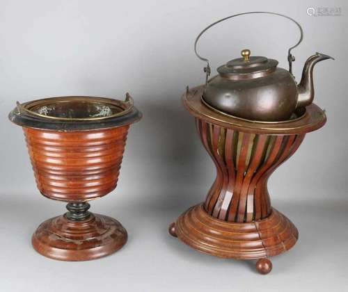 Two 19th century mahogany tea oven with inside trays and one apple kettle. With one, the legs are