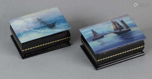 Two Russian lacquer boxes. Handpainted with shipping decors. Second half of the 20th century.