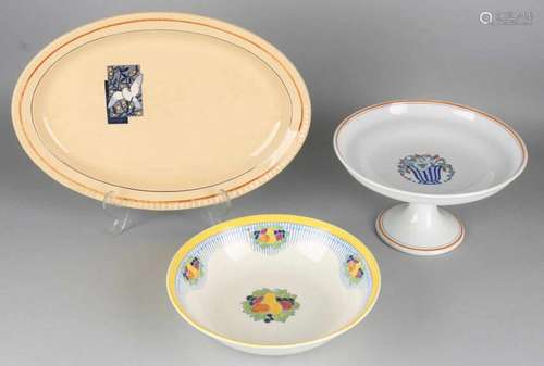 Three times antique ceramics. Consisting of: Dish, fruit decor, Keramis Belgium. Meat scale, peace